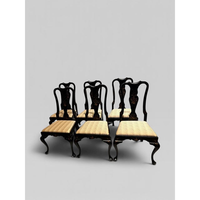 Black 1980s Set of Six Chinoiserie Queen Anne Style Dining Chairs – Attributed to Drexel For Sale - Image 8 of 12