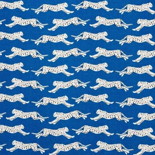 Sample - Schumacher Leaping Leopards Fabric in Blue For Sale