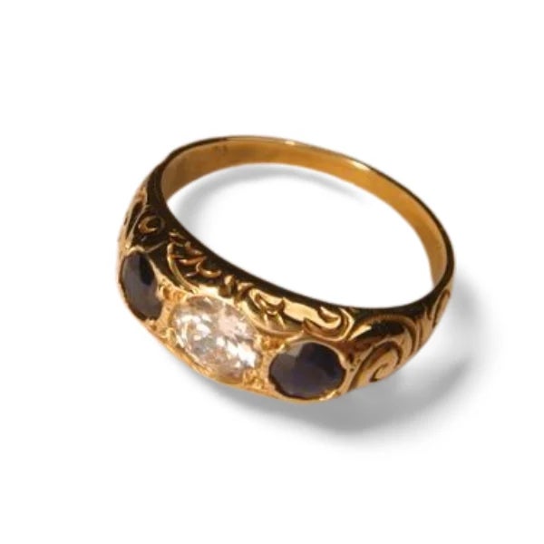 Art Deco 14K Yellow Gold Diamond Sapphire Wedding Ring Band Antique Estate For Sale - Image 3 of 3