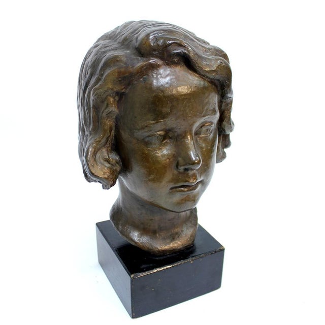 1940s J.G., Bust of Girl, 1940s, Bronze and Wood For Sale - Image 5 of 15