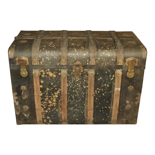 Antique Large Metal & Wood Steamer Trunk For Sale