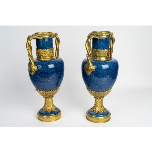 Louis XVI Blue Ceramic and Gilded Bronze Vases, Set of 2 For Sale - Image 3 of 9