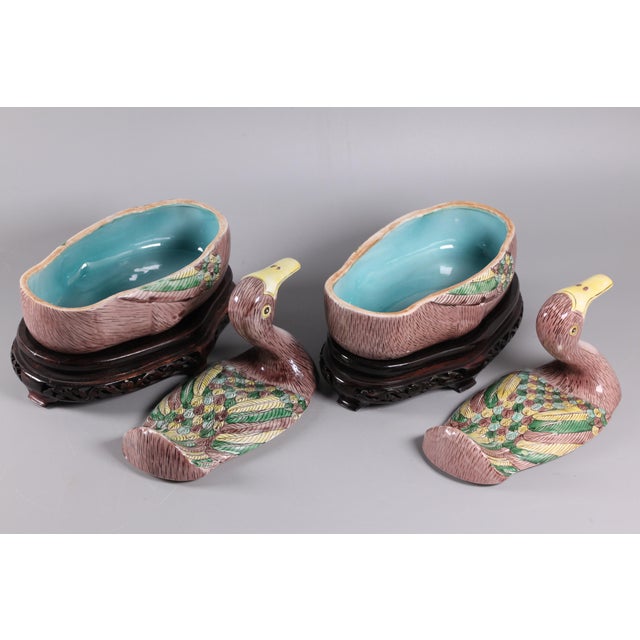 Late 20th Century Pair of Chinese Multicolor Porcelain Duck Form Boxes ...