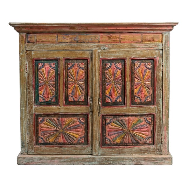 Antique Boho Vanity Hand-Carved Pink Sideboard Cabinet With Sunburst Doors For Sale