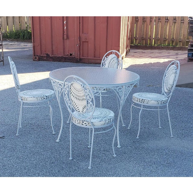 Ornate Wrought Iron Patio Table With Frosted Glass Top & 4 Chairs For Sale - Image 4 of 13