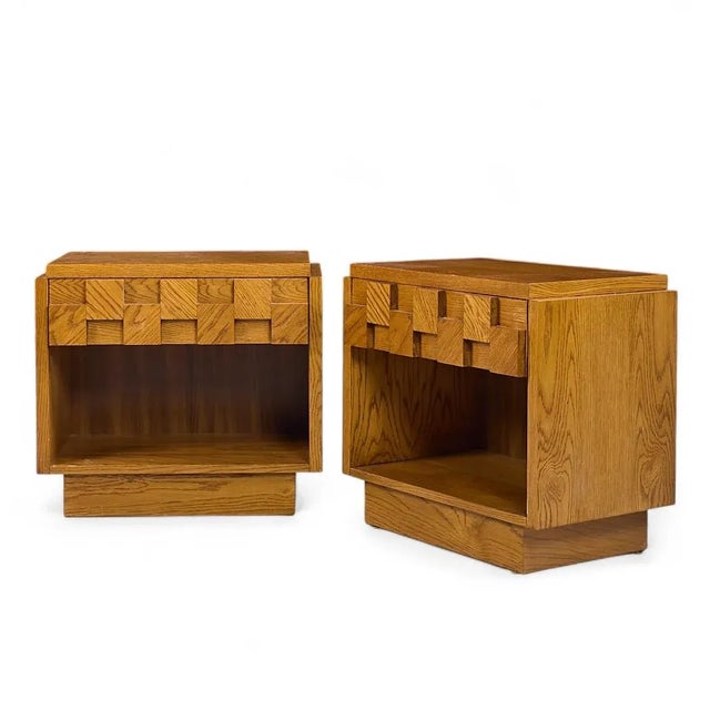 Mid-Century Modern Lane Staccato Brutalist Mid Century Oak Nightstands - Pair For Sale - Image 3 of 12
