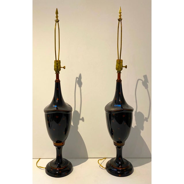 Maitland-Smith Table Lamps Hand Painted Copper Stars on Shiny Black, Regency Style - a Pair For Sale In West Palm - Image 6 of 13