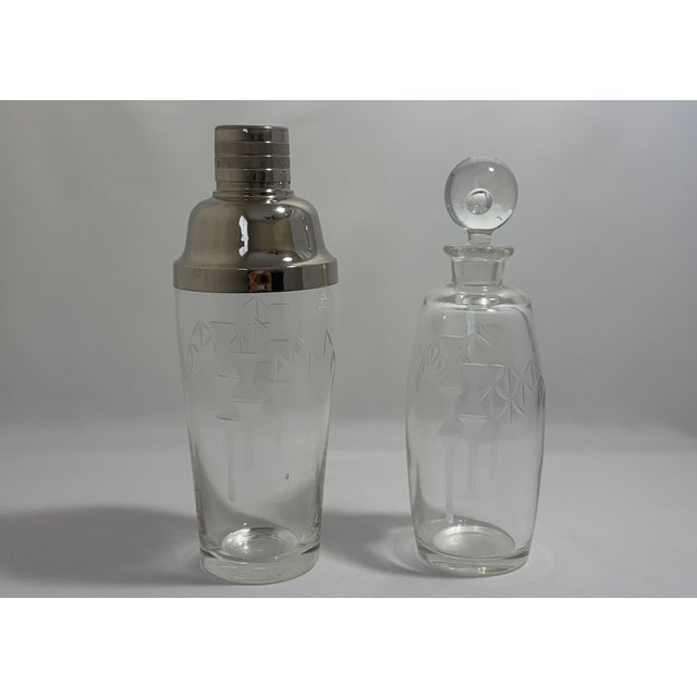 Vintage Noritake Sasaki Bamboo Etched Crystal Cocktail Shaker & Decanter Set For Sale - Image 12 of 12