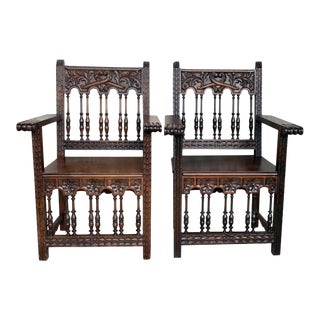 19th Century Spanish Colonial Altar Carved Armchairs With Wood Seat - a Pair For Sale
