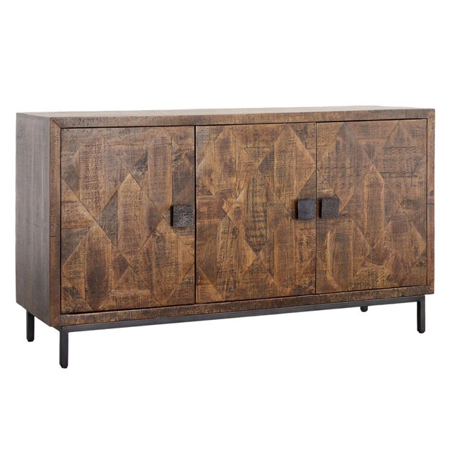 Medium brown stained mango wood sideboard with beautiful parquet pattern on three doors. Modern hand hammered iron handles...