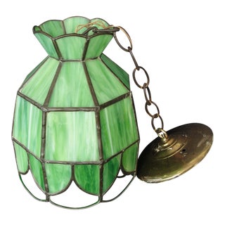 Vintage Leaded Green Slag Glass Pendant Light Fixture For Sale