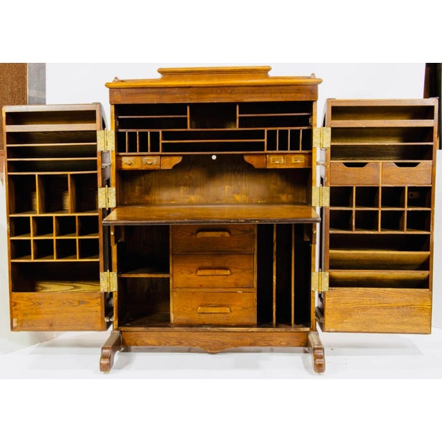 English Vintage Oak Wooten Crafts Desk Doors Opening to a Fold Down Writing Surface, Drawers, & Slots, For Sale - Image 3 of 9