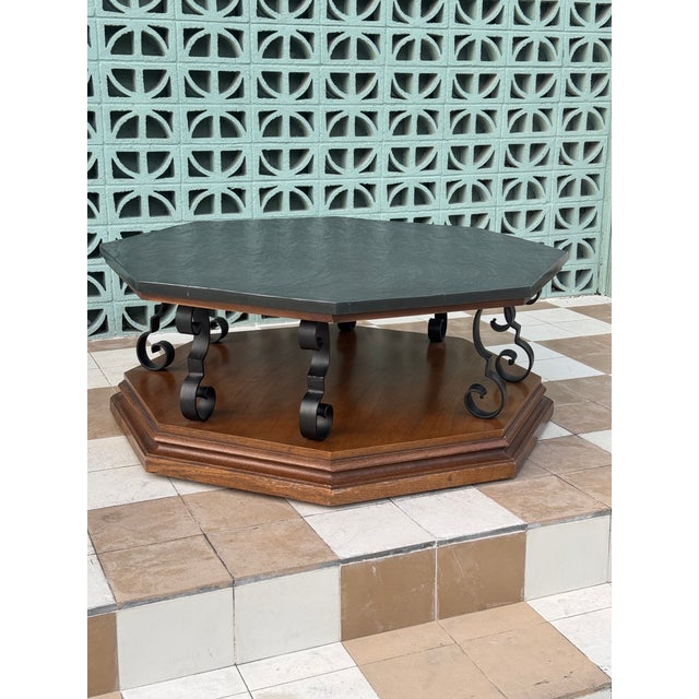 Vintage C. 1969 Mid Century Modern Spanish Revival Octagonal Slate Top & Iron Coffee Table For Sale In Austin - Image 6 of 10