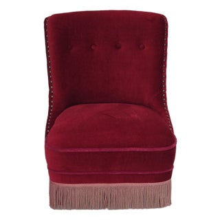 Danish Armchair in Red Furniture Velour and Beech Wood Legs, 1960s For Sale