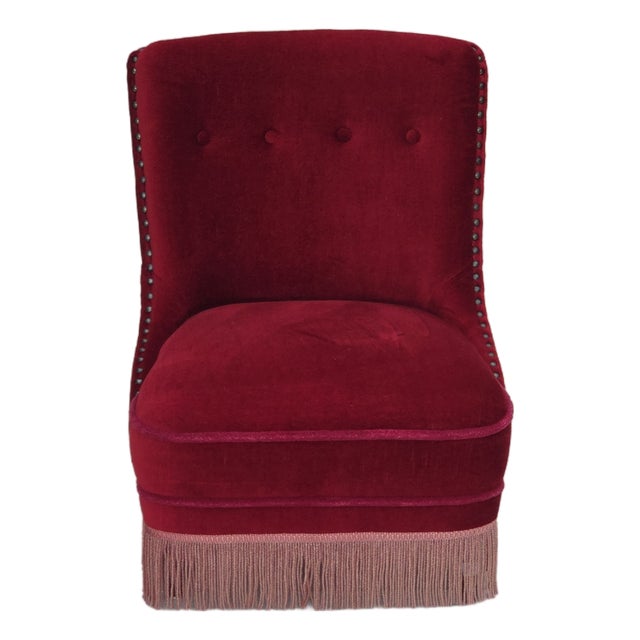 Danish Armchair in Red Furniture Velour and Beech Wood Legs, 1960s For Sale