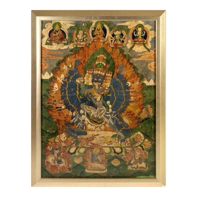 Framed Antique Tibetan Thangka of Yamantaka with Consort For Sale