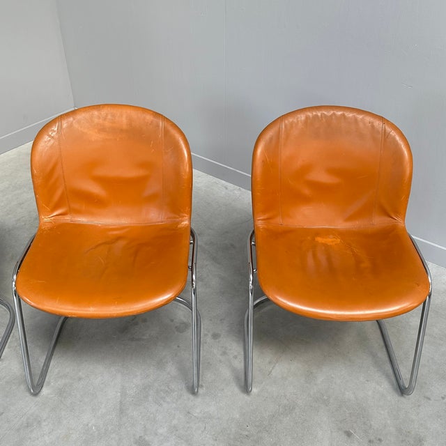 1980s Cognac Leather Dining Chairs by Gastone Rinaldi for Thema Italy, 1970s, Set of 4 For Sale - Image 5 of 11