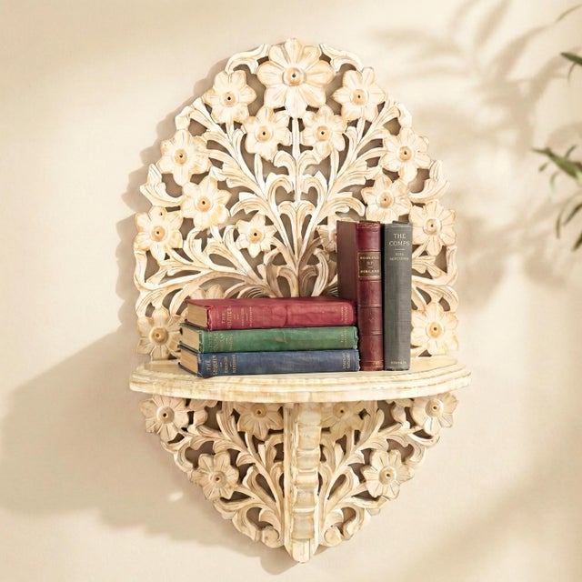 1940s Hand Carved Wood Wall Shelf With Lattice Detail | Rustic Farmhouse Floating Display | 24" Distressed Boho Hanging Shelf for Entryway Decor For Sale - Image 5 of 6