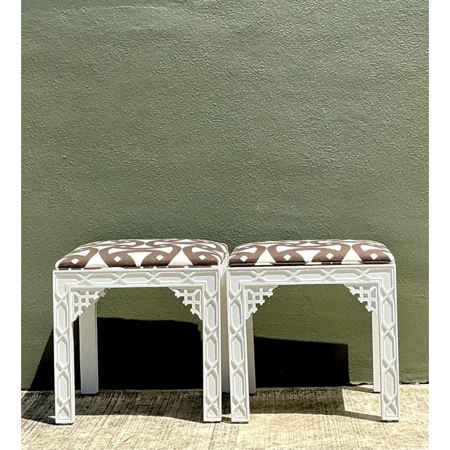 Schumacher Vintage White and Brown Fretwork Upholstered Stools - A Pair For Sale - Image 4 of 12