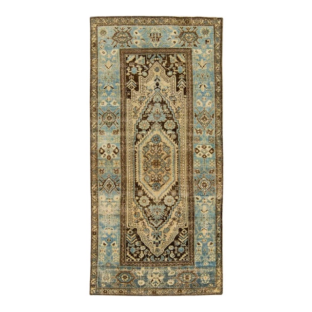 Antique Malayer Handmade Allover Designed Beige and Blue Wool Rug For Sale