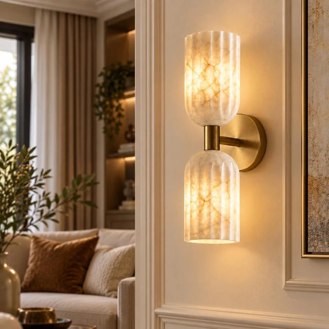 Bring warm, diffused light and natural stone character to your interior with this pair of handcrafted brass and natural...