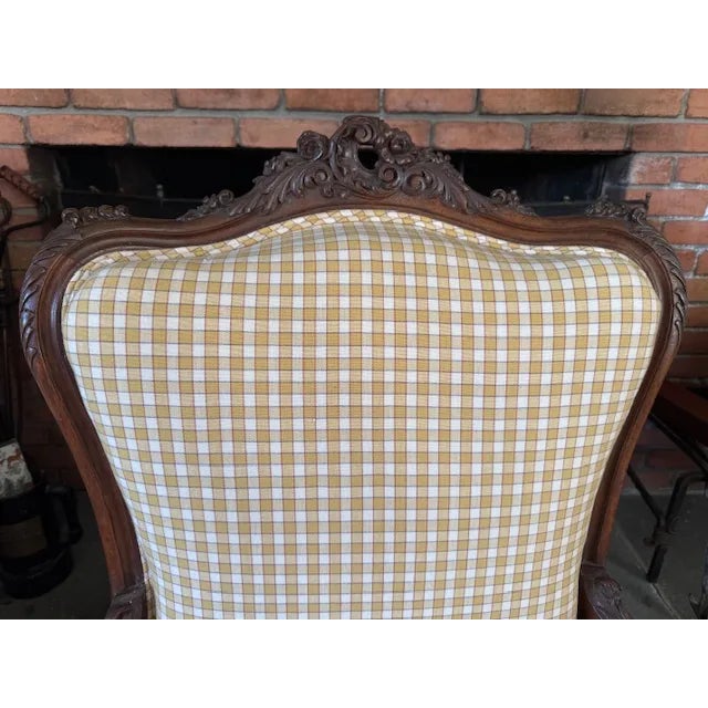 Antique French Louis XV–Style Bergère Chair, Yellow Gingham Upholstery For Sale - Image 4 of 8