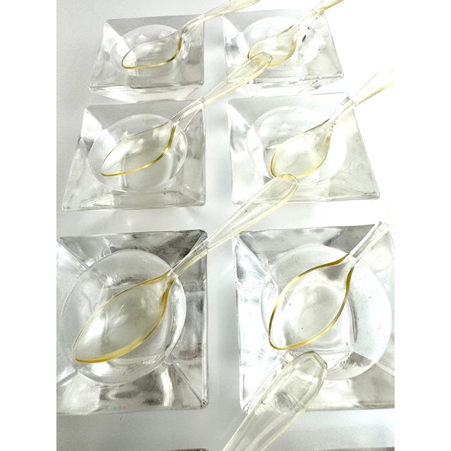 Mid-Century Glass Caviar & Salt Cellar Set With Lucite Gilt Spoons – Set of 8 For Sale - Image 4 of 8