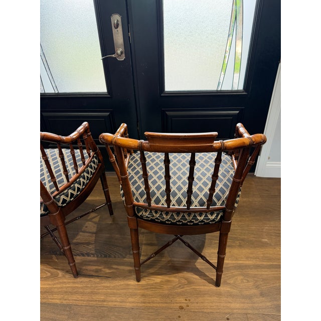 Pair of Baker Furniture Attributed Faux Bamboo Barrel Back Armchairs With Original Cane Seats & Cushions For Sale - Image 13 of 18