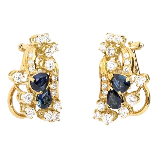 18k Diamond & Sapphire Yellow Gold Floral Post Clip Earrings, 2 pieces For Sale