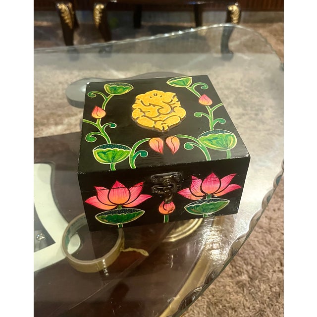 2020s Vintage Hand-Painted Wooden Lotus Jewelry Box With Gold Motif For Sale - Image 5 of 5