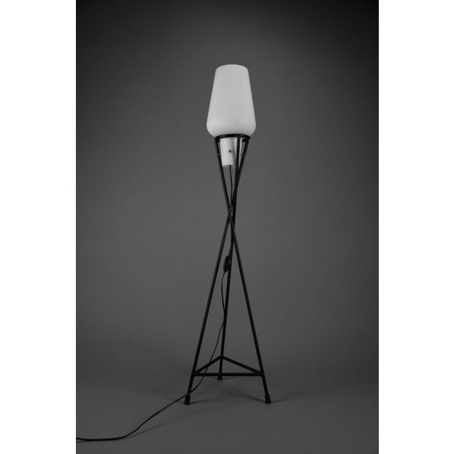 Mid-Century Black Painted Iron Floor Lamp with Milk Glass Shade, 1955 For Sale - Image 11 of 11