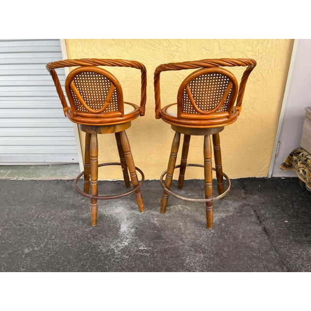 1960s Mid-Century Modern Mid 20th Century Bamboo Swivel Stools - Set of 2 For Sale - Image 4 of 5