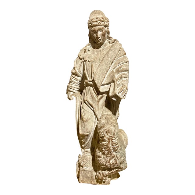 Antique Wood Sculpture of the Prophet Saint Daniel and the Lion 21.5 For Sale