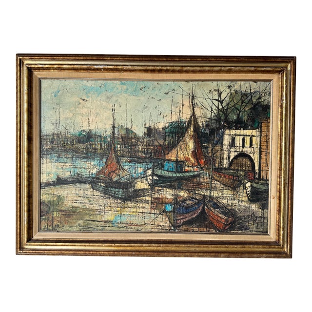 1960's Vintage Impressionist European Harbor Scene Oil on Canvas Painting, Signed For Sale
