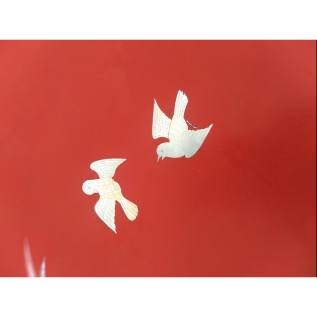 Chinese Chinese Folding Leg Red Lacquer Coffee Table With Mother of Pearl Inlay For Sale - Image 3 of 7