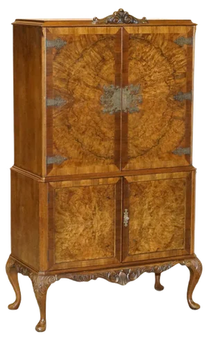 Art Deco Drinks Cabinet with Exquisite Burr Walnut Panels & Cabriole Legs