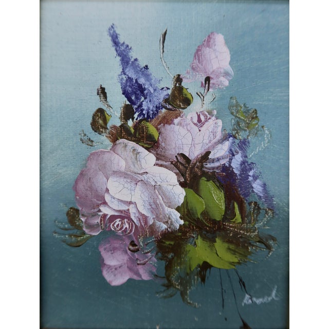 A delicate and beautifully executed floral still life depicting a loose bouquet of soft pink roses and blue flowers...