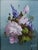 A delicate and beautifully executed floral still life depicting a loose bouquet of soft pink roses and blue flowers...