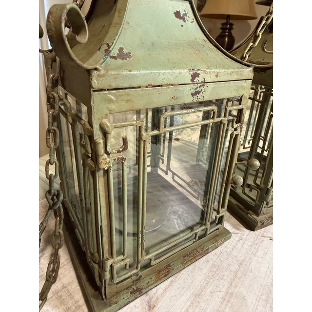 Pair of Vintage Metal Chinoiserie Pagoda-Style Hanging Lanterns With Weathered Sage Green Finish For Sale - Image 11 of 12