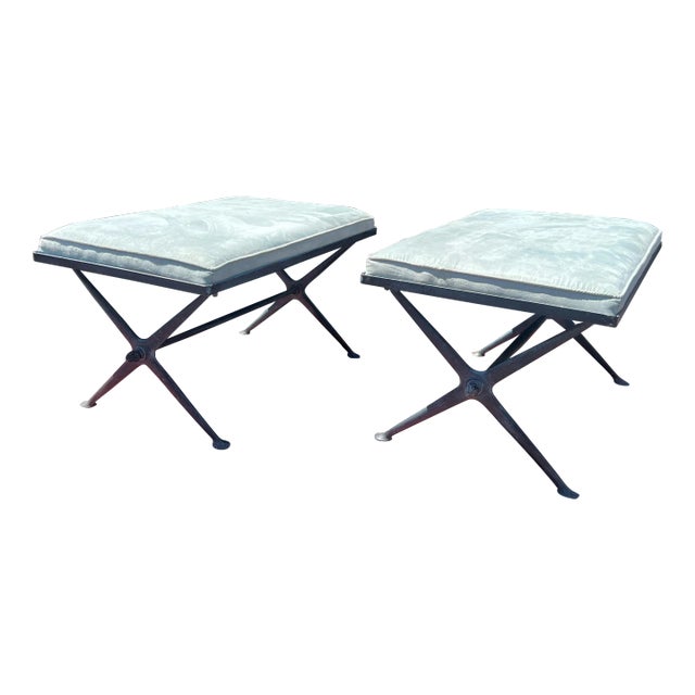 Vintage Iron X Base Blue Suede Benches - a Pair For Sale