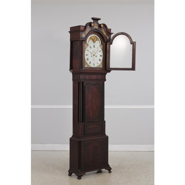 Antique 18th C. English 8 Day Flame Mahogany Grandfather Clock For Sale - Image 4 of 18