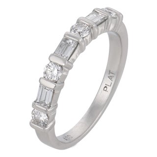 Mid Century Baguette and Round Diamond Platinum Half Eternity Band, Size 4.5 For Sale