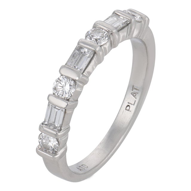Mid Century Baguette and Round Diamond Platinum Half Eternity Band, Size 4.5 For Sale