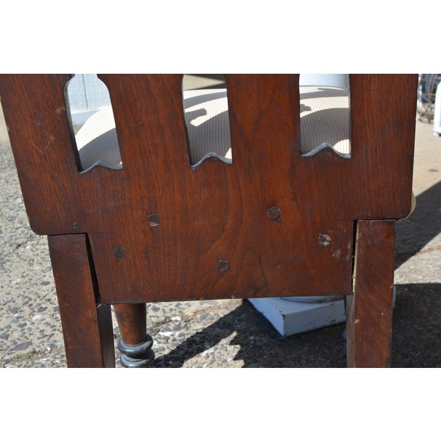 Vintage Pair Gothic Revival Carved Cathedral Arches Dark Wood Hall / Side Chairs W/ Cushions For Sale - Image 9 of 18