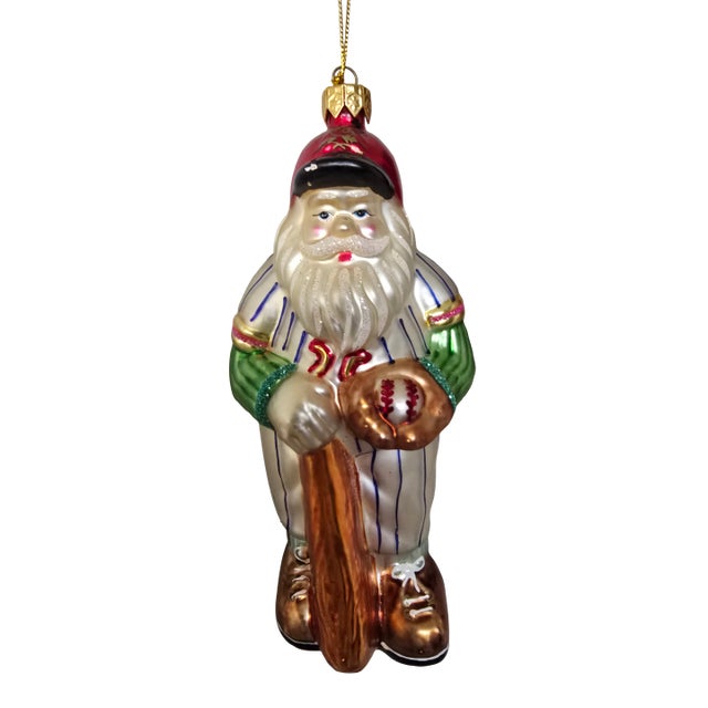 1990s Authentic Inge-Glas Germany Hand-Blown Glass Baseball Santa Ornament For Sale