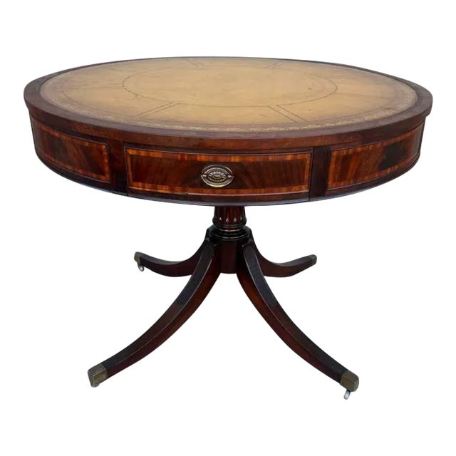 Antique Federal Style Flame Mahogany Leather Top Drum Table. For Sale