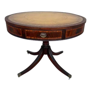 Antique Federal Style Flame Mahogany Leather Top Drum Table.