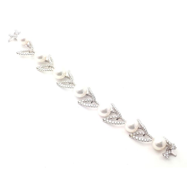 Metal Mikimoto 18k White Gold 7ct Diamond 12mm Pearl Bracelet For Sale - Image 7 of 11