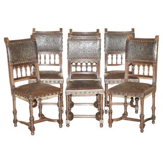 French Henry II Oak & Embossed Leather Dining Chairs, 1880s, Set of 6 For Sale