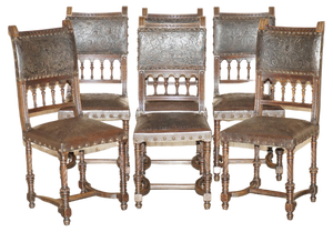 French Henry II Oak & Embossed Leather Dining Chairs, 1880s, Set of 6